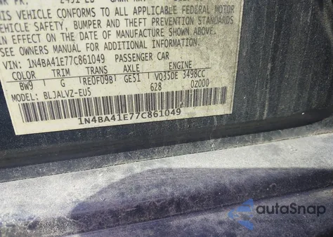 2007 Nissan Maxima 3.5 Se from USA, damaged, VIN 1N4BA41E77C861049